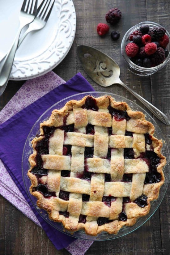 This Mixed Berry Pie uses a frozen blend of raspberries, blackberries, and blueberries which is perfect when fresh berries are out of season. No need to cook the filling ahead of time. Simply fill and bake. Enjoy this pie for the holidays or any day of the year!
