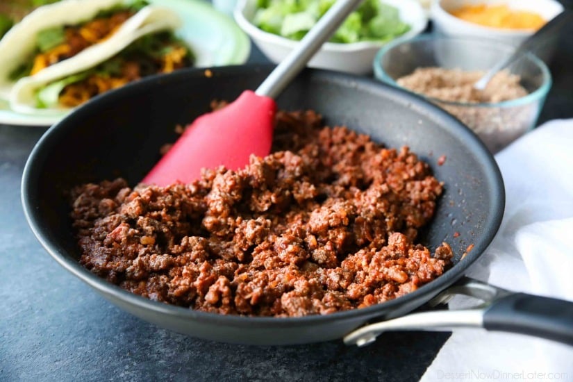 The BEST taco meat ever! It's saucy and full of flavor made with an easy homemade taco seasoning. A recipe the whole family will enjoy for Taco Tuesdays!