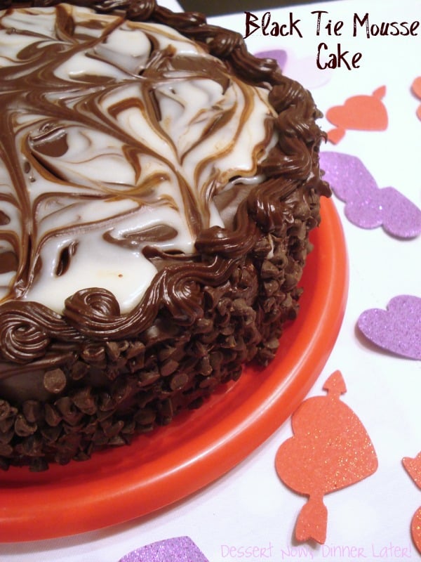 Full Black Tie Mousse Cake on plate.