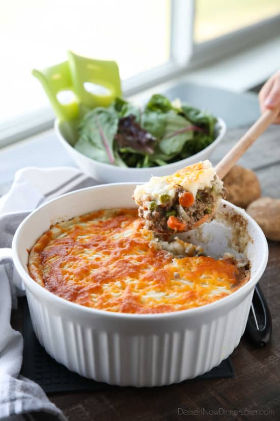 This Shepherd's Pie is a hearty and simple dinner made with ground beef and veggies in a flavorful broth topped with fluffy garlic mashed potatoes and a sprinkle of cheese. Classic comfort food for cold weather months or to celebrate St. Patrick's Day.