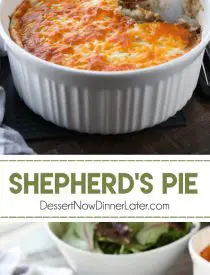 This Shepherd's Pie is a hearty and simple dinner made with ground beef and veggies in a flavorful broth topped with fluffy garlic mashed potatoes and a sprinkle of cheese. Classic comfort food for cold weather months or to celebrate St. Patrick's Day.