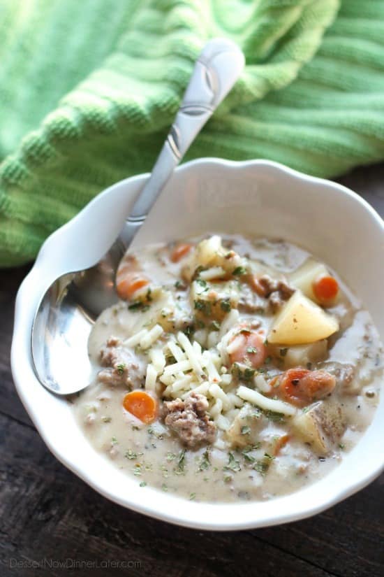 This creamy cheeseburger soup is full of hearty chunks of vegetables and beef with a slight kick of pepper jack cheese. Super comforting for the cold weather months!