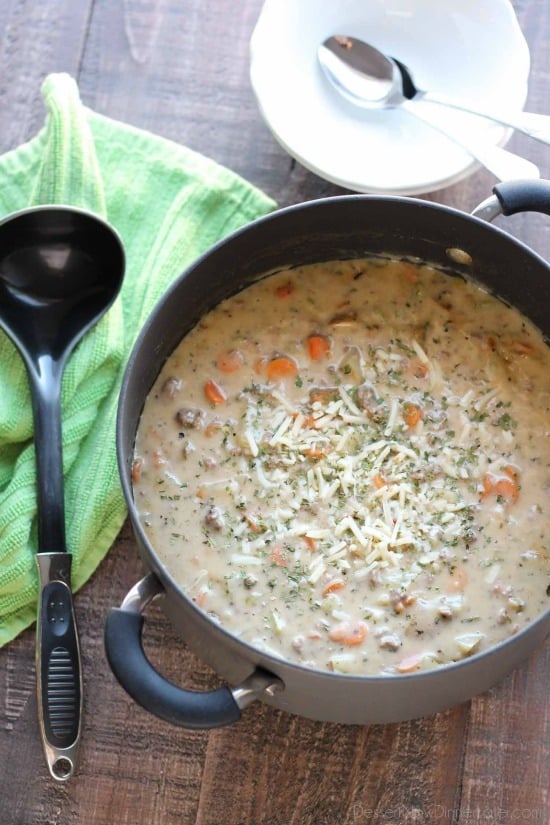This creamy cheeseburger soup is full of hearty chunks of vegetables and beef with a slight kick of pepper jack cheese. Super comforting for the cold weather months!