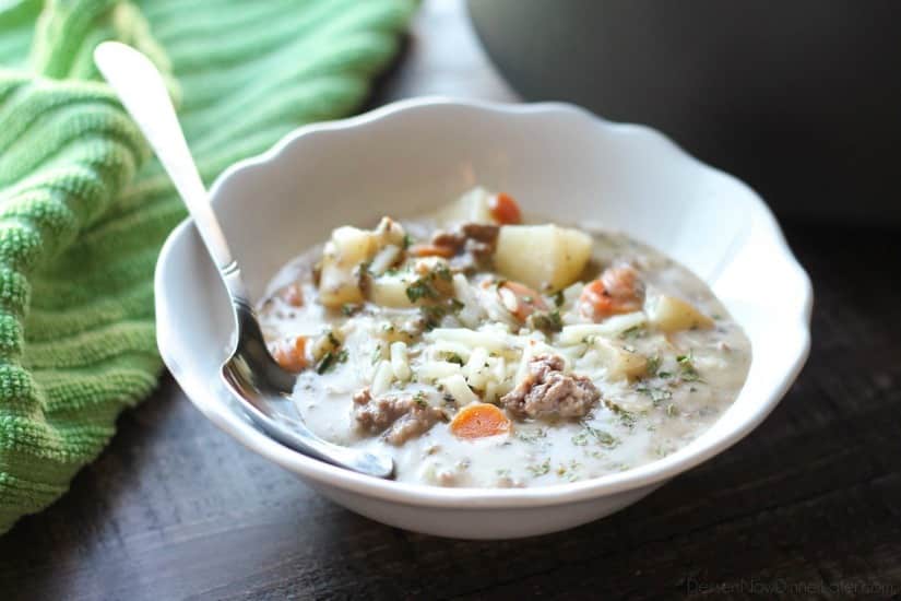 This creamy cheeseburger soup is full of hearty chunks of vegetables and beef with a slight kick of pepper jack cheese. Super comforting for the cold weather months!