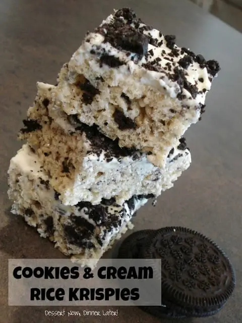 Stack of cookies and cream rice krispies.