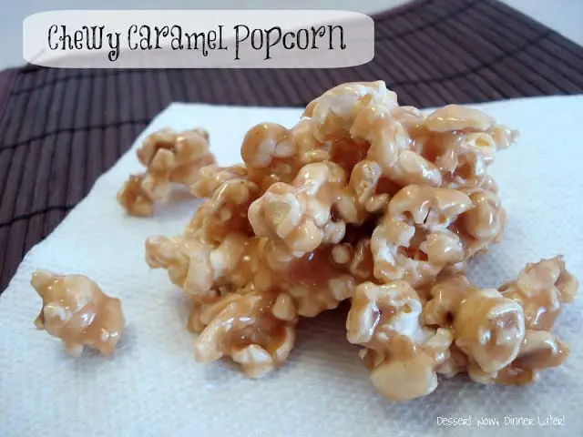 Soft and chewy homemade caramel popcorn on a napkin.