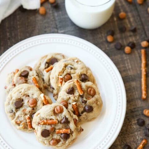 Caramel Pretzel Chocolate Chip Cookies are loaded with pretzels, caramel bits, and chocolate chips, for a salty-sweet cookie treat.