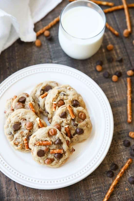 Caramel Pretzel Chocolate Chip Cookies are loaded with pretzels, caramel bits, and chocolate chips, for a salty-sweet cookie treat.