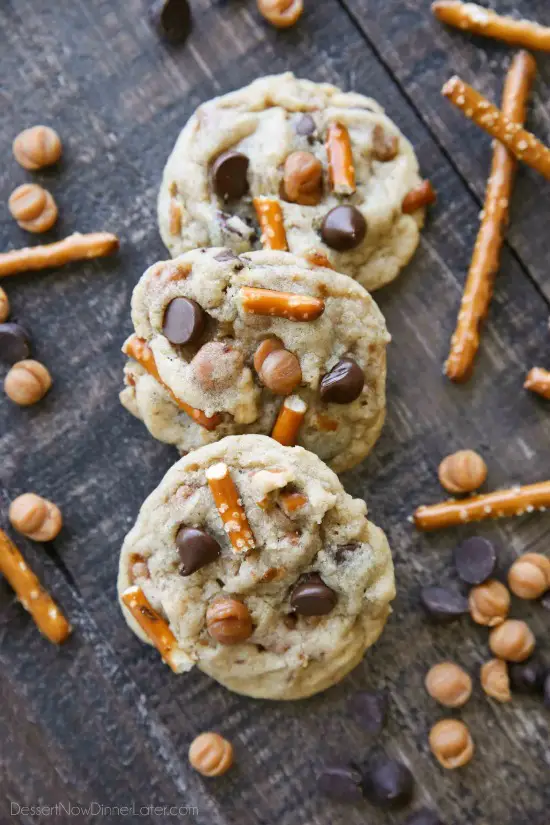 Caramel Pretzel Chocolate Chip Cookies are loaded with pretzels, caramel bits, and chocolate chips, for a salty-sweet cookie treat.