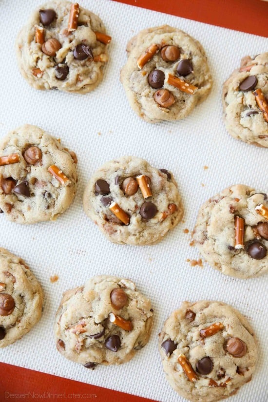 Caramel Pretzel Chocolate Chip Cookies are loaded with pretzels, caramel bits, and chocolate chips, for a salty-sweet cookie treat.