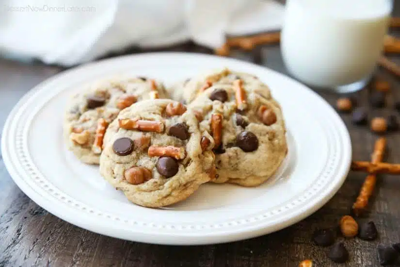 Caramel Pretzel Chocolate Chip Cookies are loaded with pretzels, caramel bits, and chocolate chips, for a salty-sweet cookie treat.