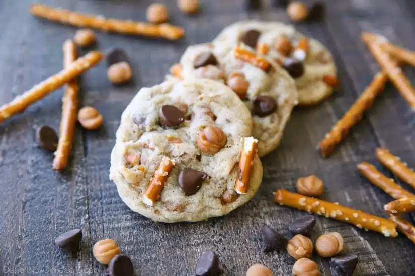 Caramel Pretzel Chocolate Chip Cookies are loaded with pretzels, caramel bits, and chocolate chips, for a salty-sweet cookie treat.