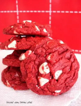 Red Velvet White Chocolate Chip Cookies are easily made with a boxed cake mix! Great for a Christmas or Valentine's Day treat!