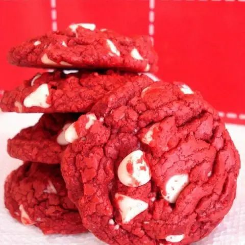 Red Velvet White Chocolate Chip Cookies are easily made with a boxed cake mix! Great for a Christmas or Valentine's Day treat!