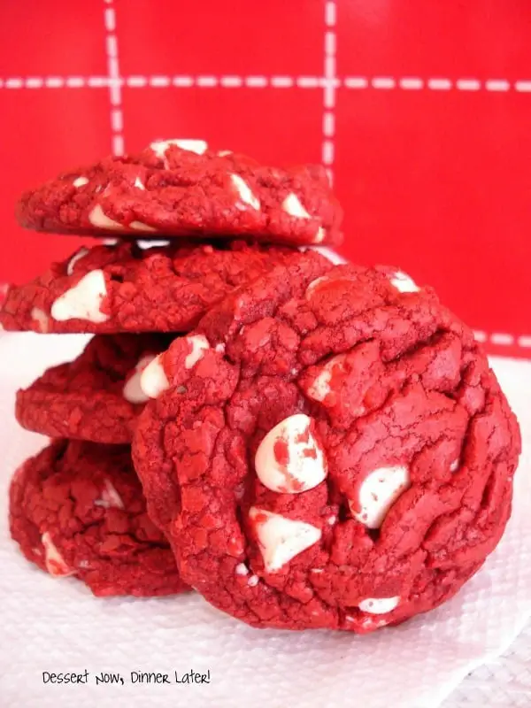 Red Velvet White Chocolate Chip Cookies are easily made with a boxed cake mix! Great for a Christmas or Valentine's Day treat!