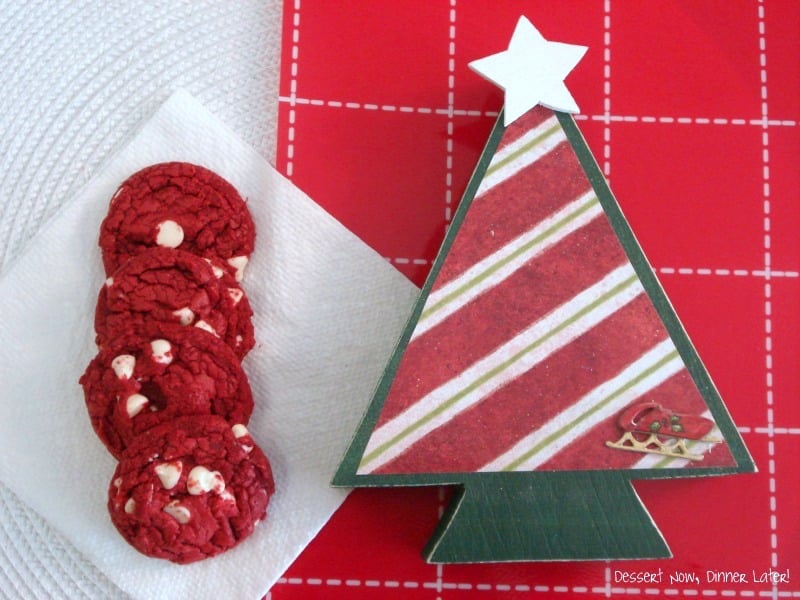 ed Velvet White Chocolate Chip Cookies are easily made with a boxed cake mix! Great for a Christmas or Valentine's Day treat!