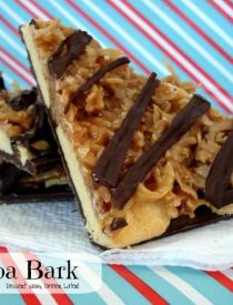 Samoa Bark is made with shortbread cookies, caramel and coconut, with chocolate on bottom and top!