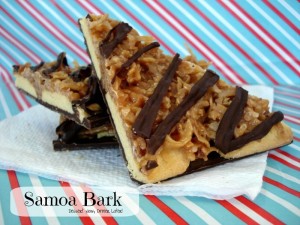 Samoa Bark is made with shortbread cookies, caramel and coconut, with chocolate on bottom and top!