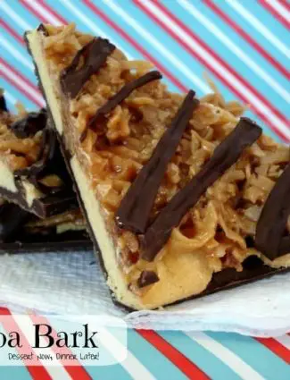 Samoa Bark is made with shortbread cookies, caramel and coconut, with chocolate on bottom and top!