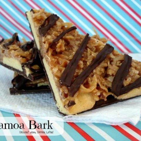 Samoa Bark is made with shortbread cookies, caramel and coconut, with chocolate on bottom and top!