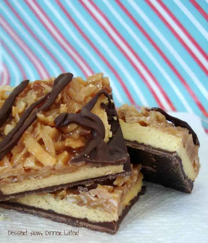 Samoa Bark is made with shortbread cookies, caramel and coconut, with chocolate on bottom and top!