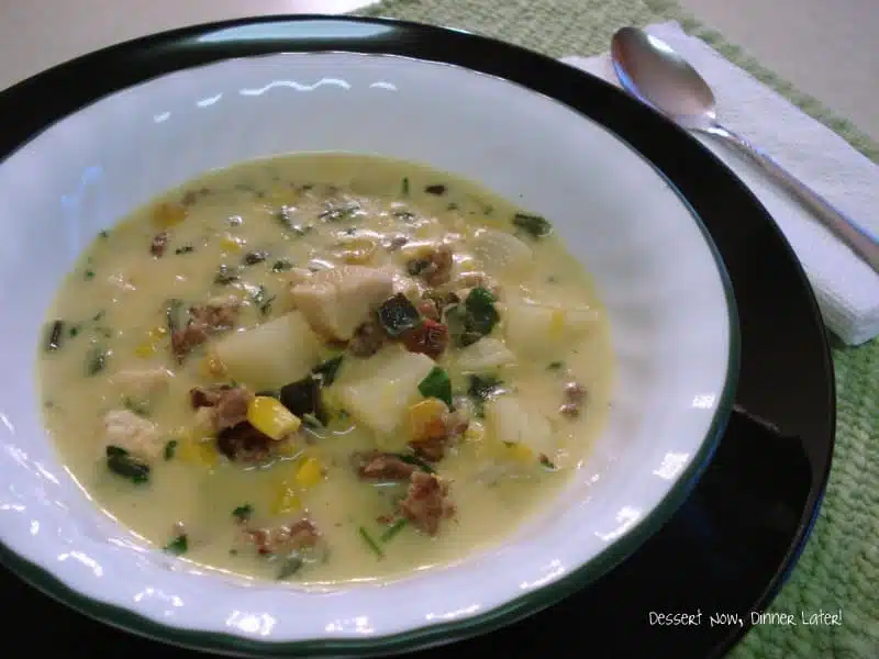 Roasted Poblano & Corn Chowder with Chicken & Sausage