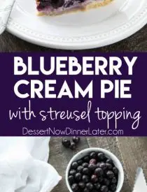 Layers of fruit and cheesecake make this Blueberry Cream Pie a special treat. The streusel topping adds an extra layer of flavor and texture that will have you savoring every bite.