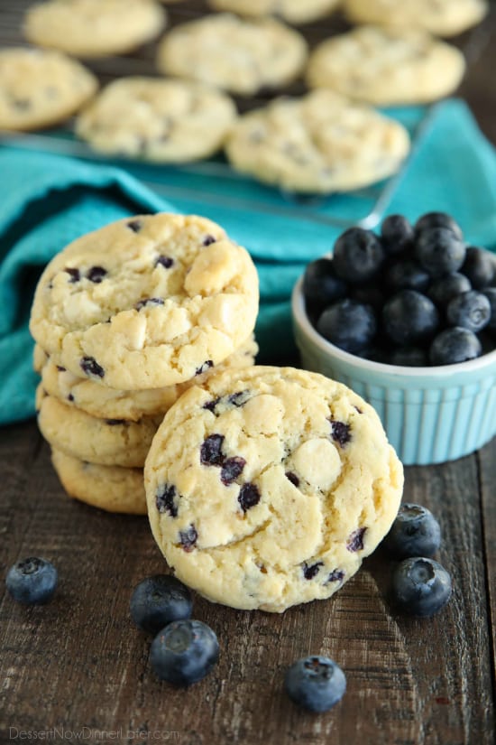 Blueberry Cheesecake Cookies are made with a muffin mix for a fruity, soft, and chewy cookie studded with creamy white chocolate chips. A quick and easy dessert!