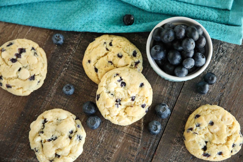 Blueberry Cheesecake Cookies are made with a muffin mix for a fruity, soft, and chewy cookie studded with creamy white chocolate chips. A quick and easy dessert!