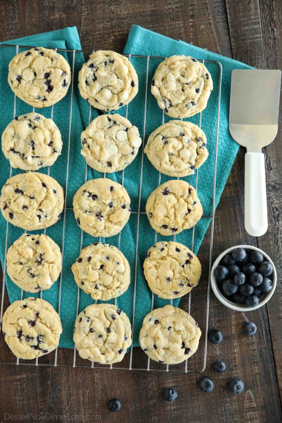 Blueberry Cheesecake Cookies are made with a muffin mix for a fruity, soft, and chewy cookie studded with creamy white chocolate chips. A quick and easy dessert!