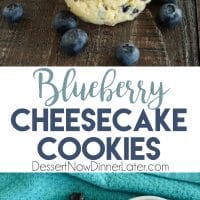 Blueberry Cheesecake Cookies are made with a muffin mix for a fruity, soft, and chewy cookie studded with creamy white chocolate chips. A quick and easy dessert!