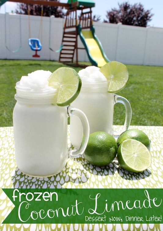 2 ingredients plus ice and a little water gets you this refreshing Frozen Coconut Limeade!  A perfect summer drink the whole family can enjoy!