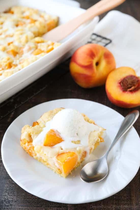 Peach cobbler meets cheesecake in this delicious dessert duo! An easy and unique twist from a traditional peach cobbler. There's cake mixture on bottom and on top, with peaches and cheesecake in-between.