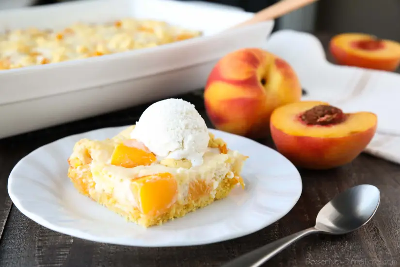 Peach cobbler meets cheesecake in this delicious dessert duo! An easy and unique twist from a traditional peach cobbler. There's cake mixture on bottom and on top, with peaches and cheesecake in-between.