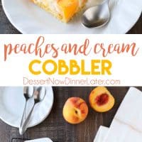 Peach cobbler meets cheesecake in this delicious dessert duo! An easy and unique twist from a traditional peach cobbler. There's cake mixture on bottom and on top, with peaches and cheesecake in-between.