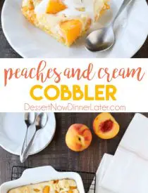 Peach cobbler meets cheesecake in this delicious dessert duo! An easy and unique twist from a traditional peach cobbler. There's cake mixture on bottom and on top, with peaches and cheesecake in-between.