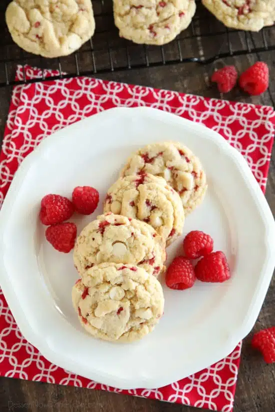 Raspberry Cheesecake Cookies are soft, chewy, and fruity! The best part is that they are made with a muffin mix which makes it a super easy dessert!