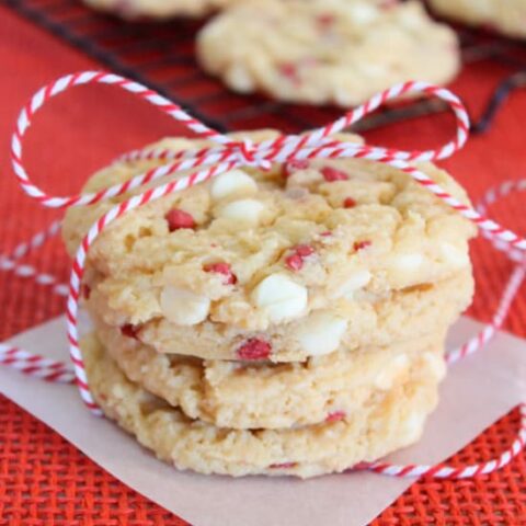 Raspberry Cheesecake Cookies are soft, chewy, and fruity! The best part is that they are made with a muffin mix which makes it a super easy dessert!