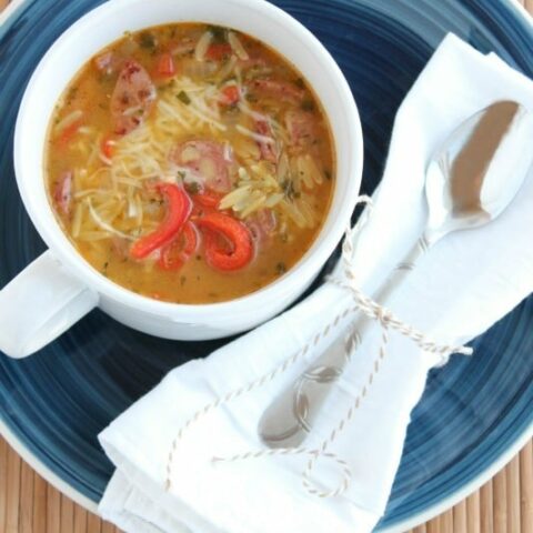 Roasted Red Pepper Chicken & Apple Sausage Orzo Soup