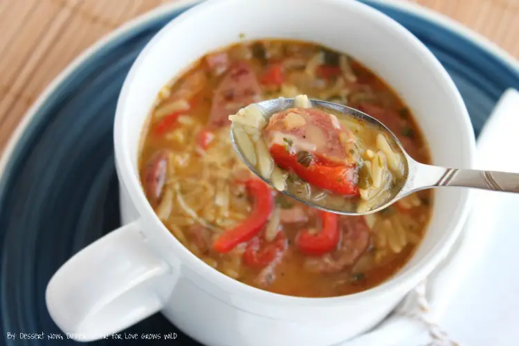 Roasted Red Pepper Chicken & Apple Sausage Orzo Soup