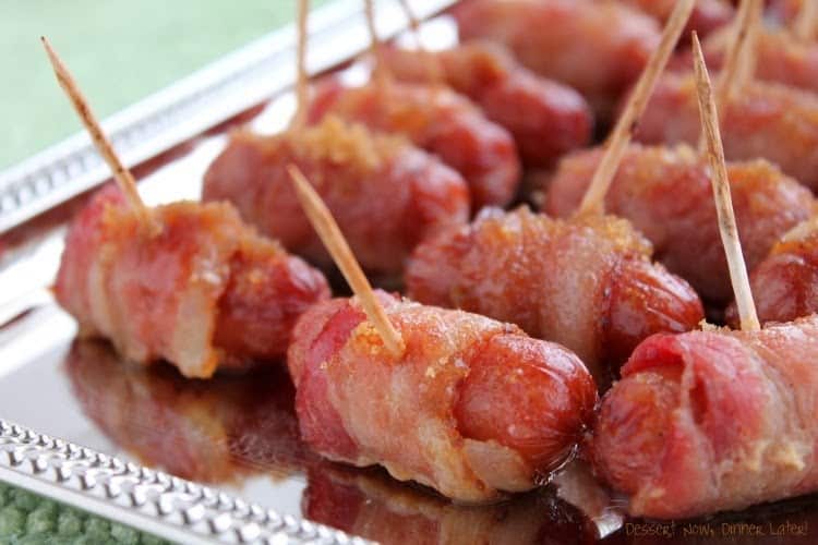 Bacon Wrapped Mini Sausages with Brown Sugar - Dessert Now, Dinner Later!