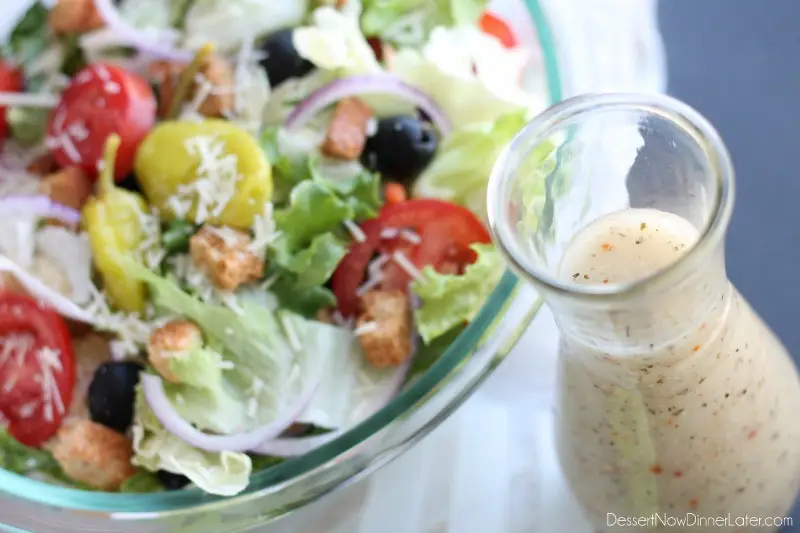 This Copycat Olive Garden Salad Dressing is as close as it gets to the real deal, without the high fructose corn syrup! 