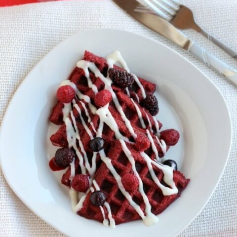 Red Velvet Waffles with Cream Cheese Icing Drizzle