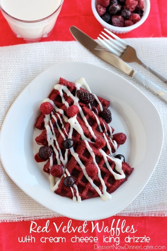 Red Velvet Waffles with Cream Cheese Icing Drizzle