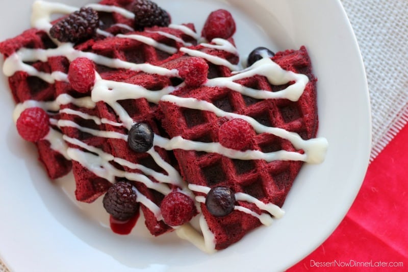 Red Velvet Waffles with Cream Cheese Icing Drizzle Dessert Now