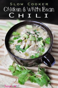 Slow Cooker / Crock Pot Chicken and White Bean Chili ~ garnish with cilantro, tortilla chips, cheese, avocado chunks, salsa, etc. | {Five Heart Home}