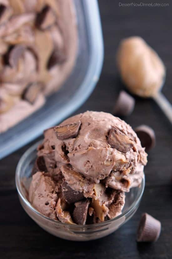  NO CHURN Chocolate Peanut Butter Cup Ice Cream from DessertNowDinnerLater.com