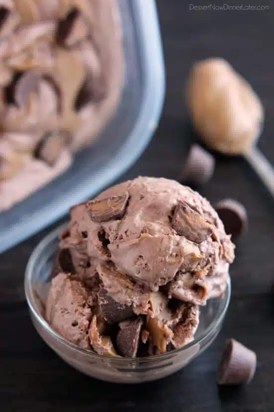  NO CHURN Chocolate Peanut Butter Cup Ice Cream from DessertNowDinnerLater.com