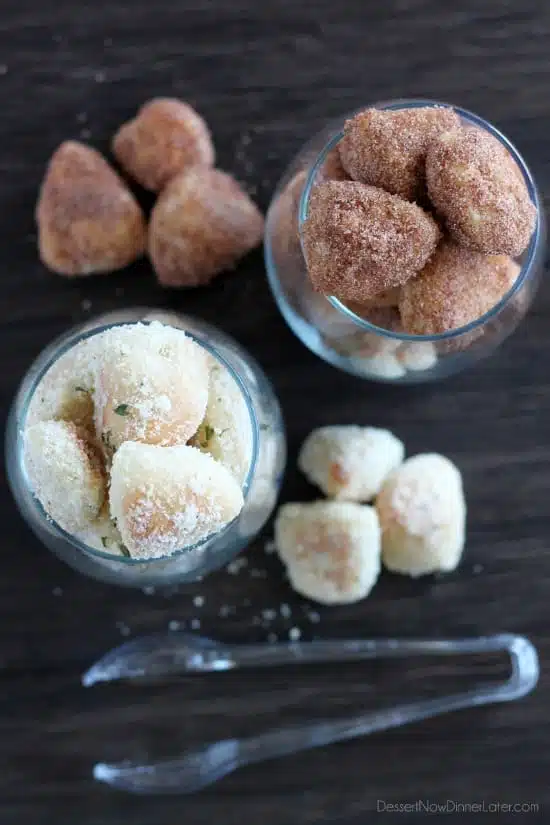 Garlic Parmesan and Cinnamon Sugar Pretzel Bites from DessertNowDinnerLater.com