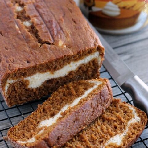 Cream Cheese Filled Pumpkin Bread from DessertNowDinnerLater.com